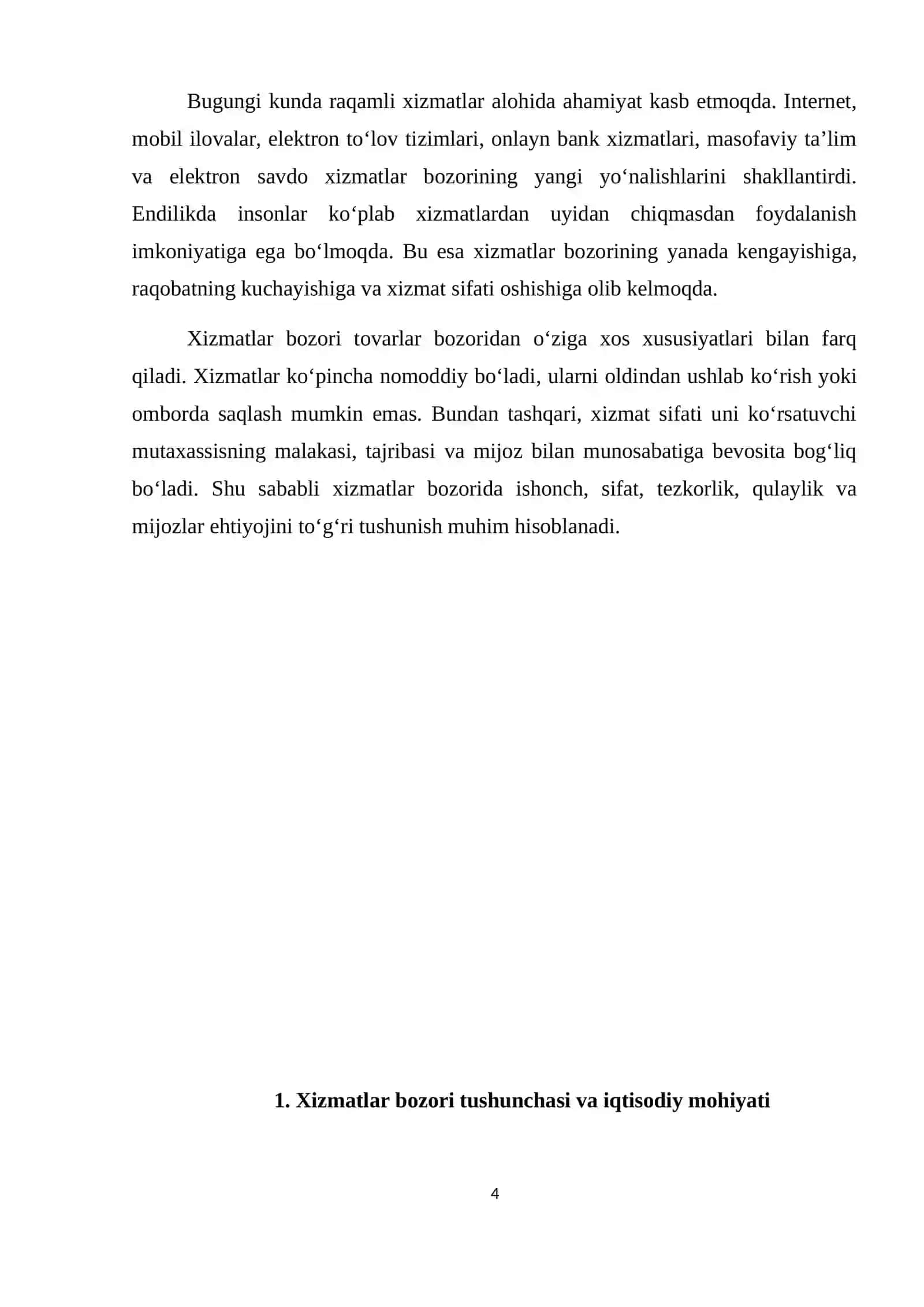 Xizmatlar bozori tuzilmasi va shakllanishi, ularning xususiyatlari 4
