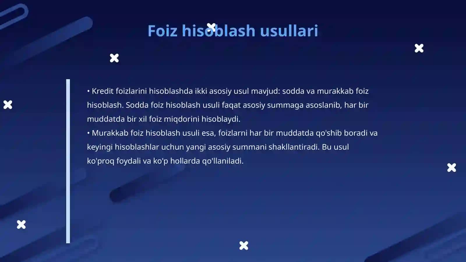 Kreditlar boʻyicha foiz hisoblash tartibi va Kredit foiz turlari 4