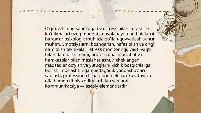 Uzoq muddatli davolanayotgan bolalarni psixologik pedogogik qoʻllab-quvvatlashda oʻqituvchi shaxsi 4
