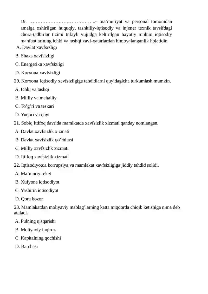 Iqtisodiy xavfsizlik fanidan test savollari 4