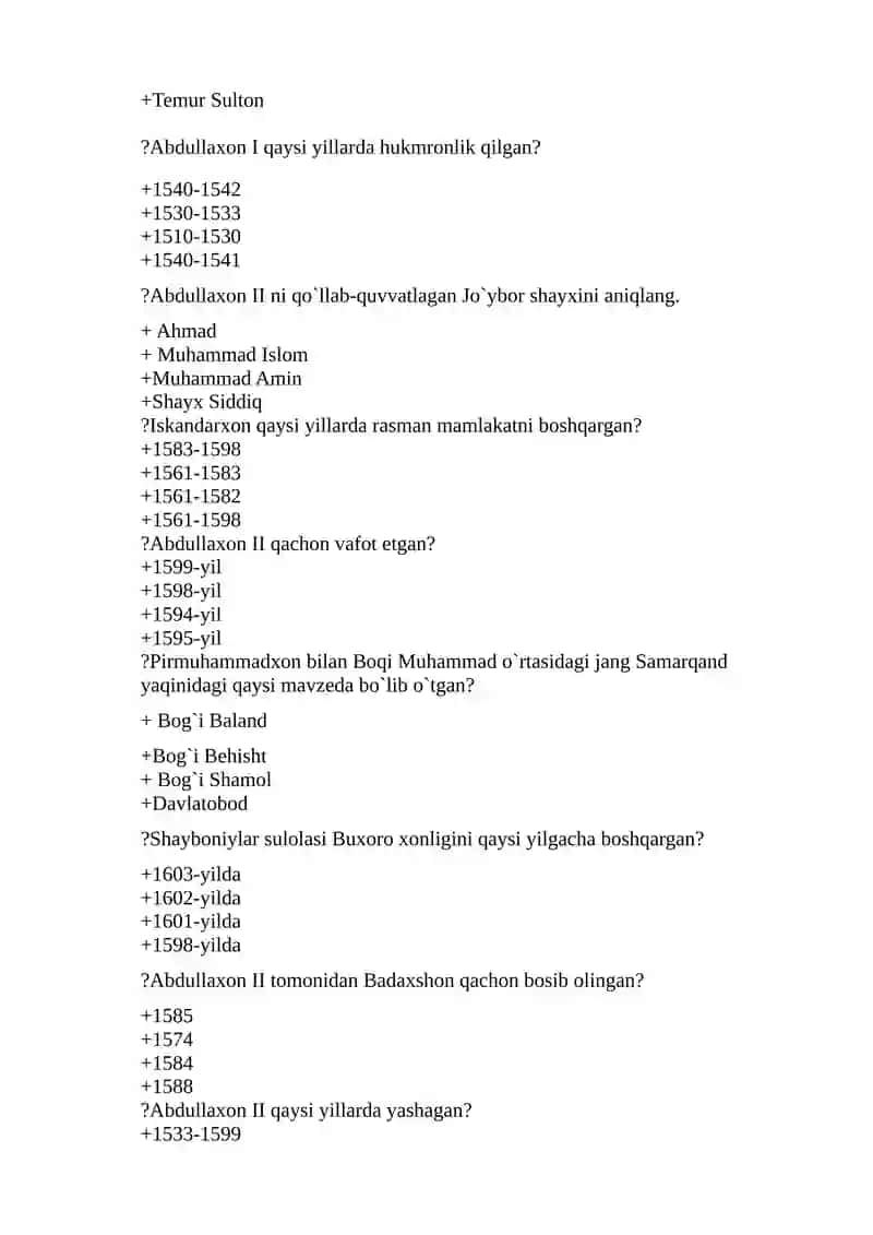 O’zbekiston tarixidan testlar II-kurs I-semestr 4