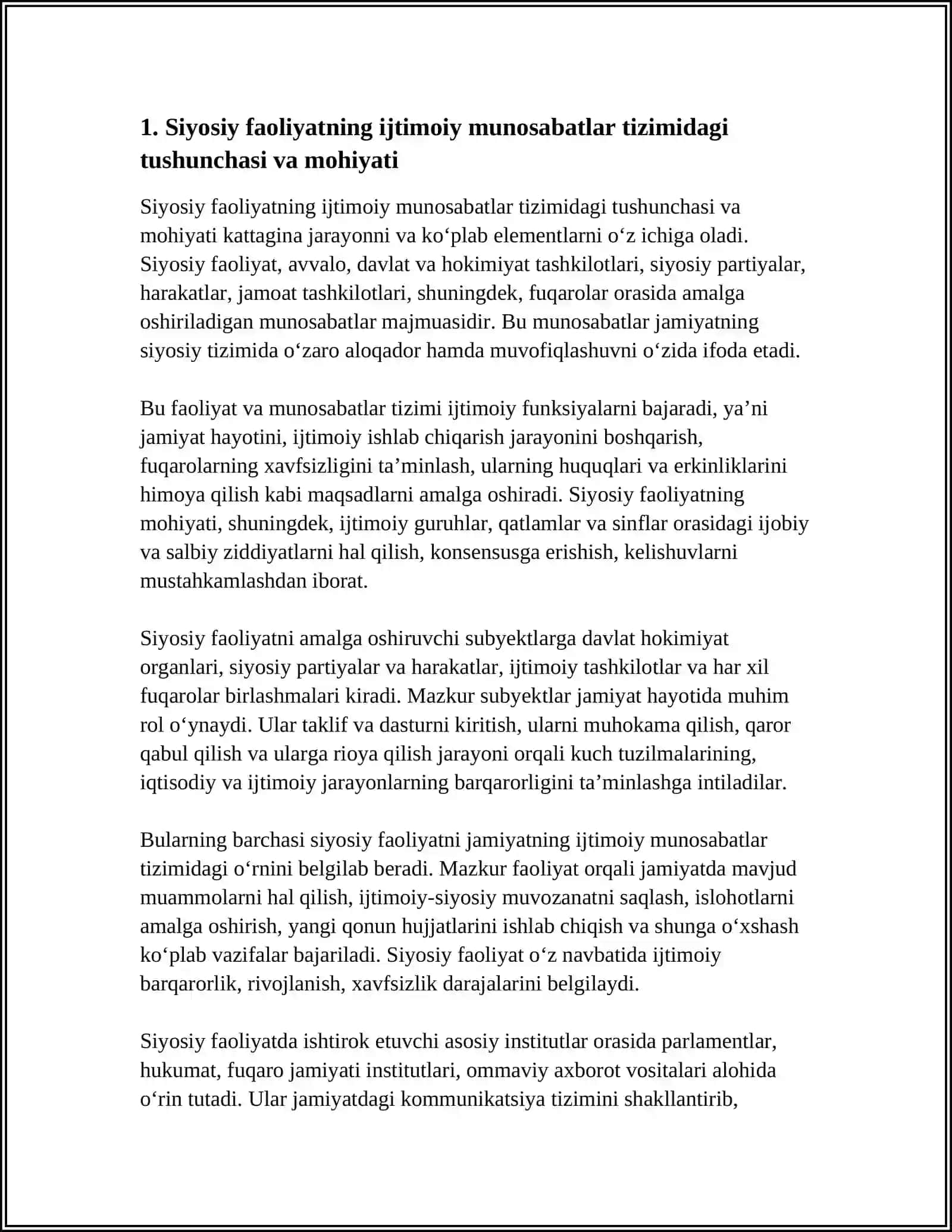 SIYOSIY FAOLIYATNING IJTIMOIY MUNOSABATLAR TIZIMIDAGI O'RNI 4