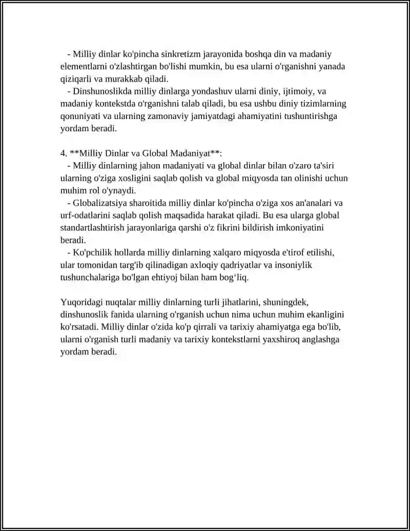 MILLIY DINLARNING DINSHUNOSLIK FANIDA TUTGAN OʻRNI 4