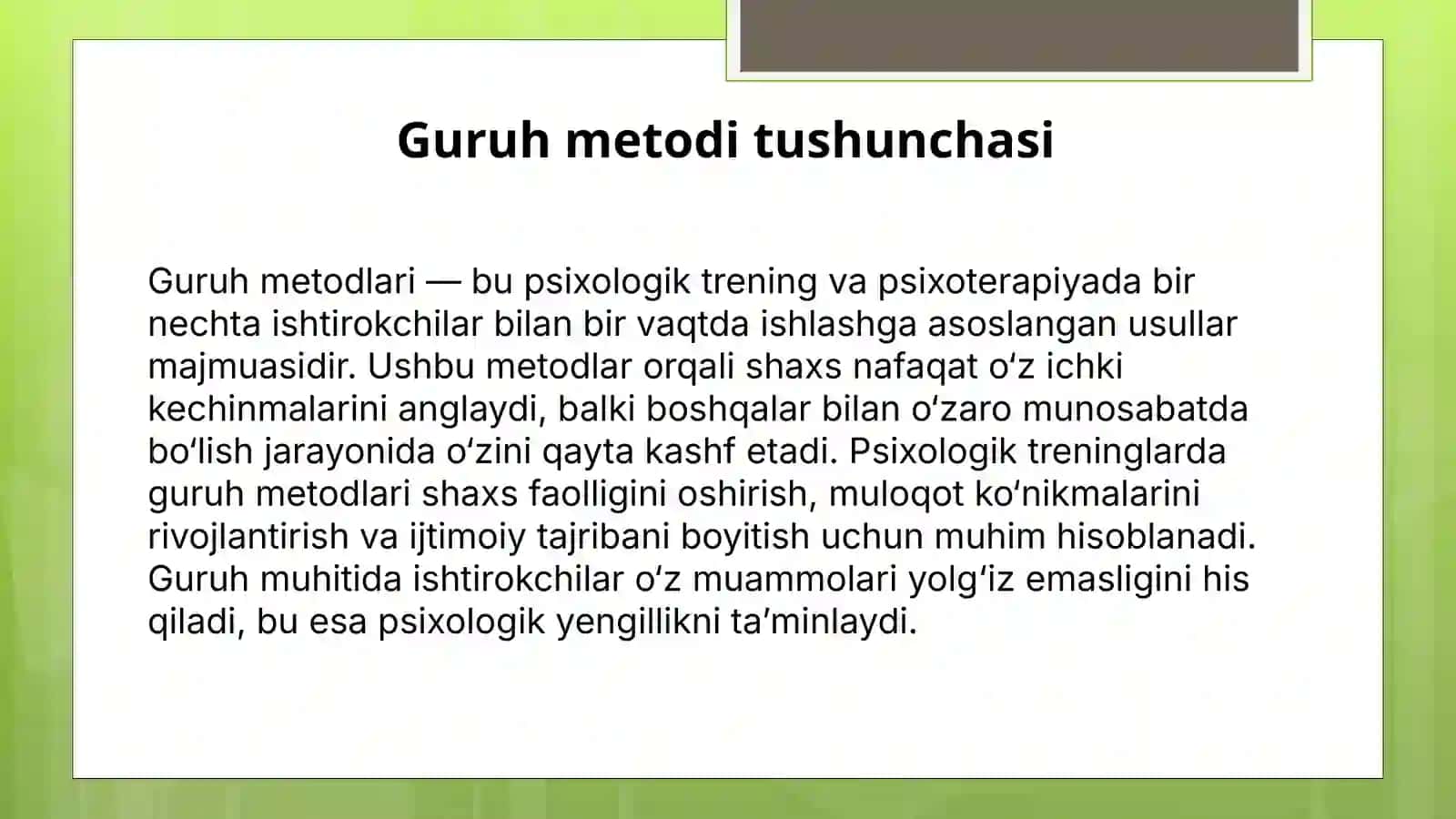 GURUH METODLARINING PSIXOTERAPEVTIK VA IJTIMOIY-PSIXOLOGIK JIHATLARI 4