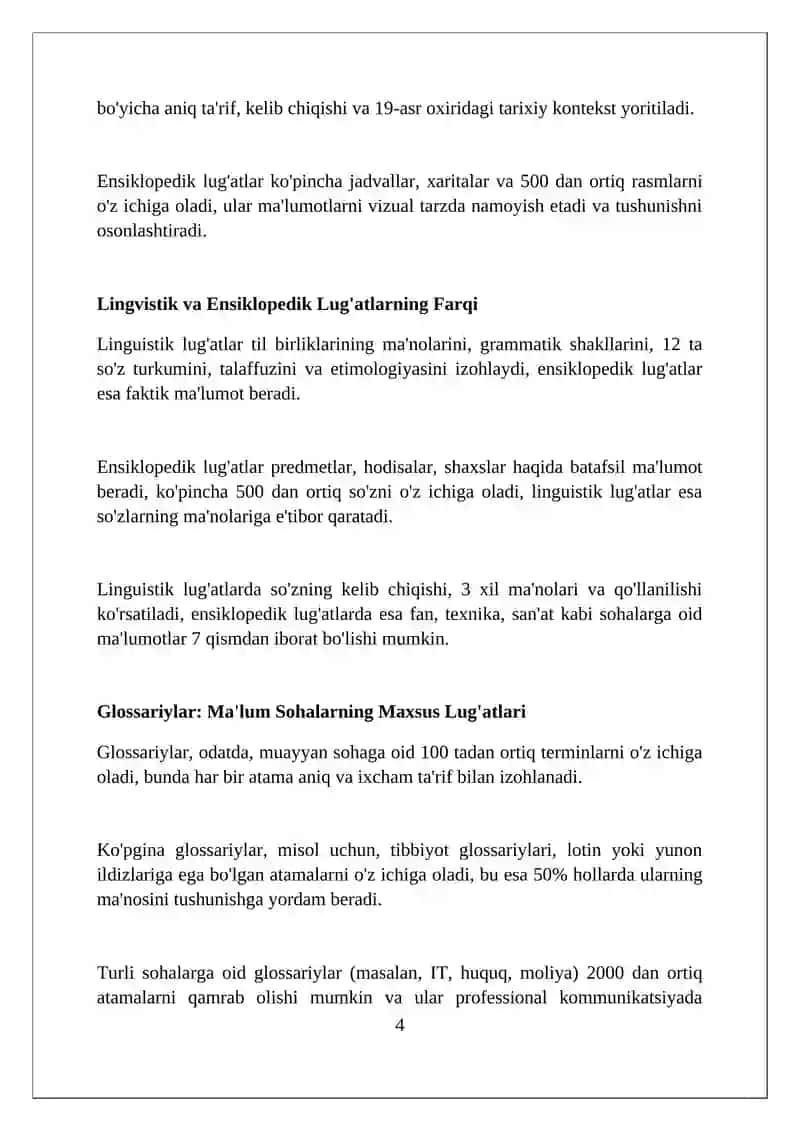 Lug'atlar, ularning turlari, lisoniy VA qomusiy lugatlar hamda turli sohalarga oid sozliklar 4