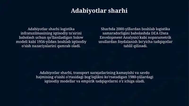 "Logistika infratuzilmasining iqtisodiy samaradorligi: statistik va analitik yondashuv" 4