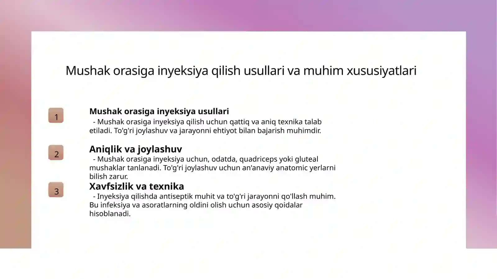 Muolaja xonasida dori vositalarini teri osti,mushak orasiga va vena ichiga inyeksiya qilish medotikasi 4