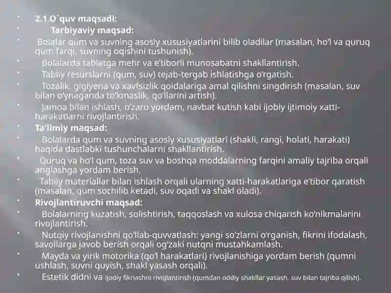 Qum va suvning xususiyatlari bilan tanishtirish. (kichik guruh) Fan va tabiat markazi 4