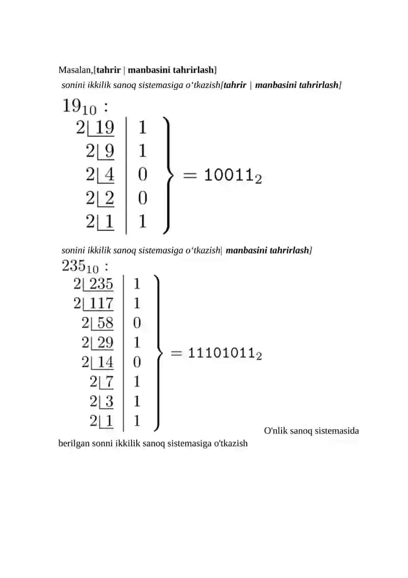 O‘nlik sanoq tizimidan ikklik, sakkizlik va o‘n oltilik sanoq tizimilariga o‘tish. Misollar keltiring 4