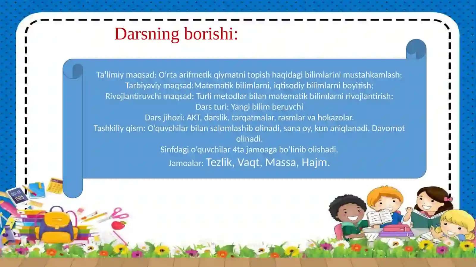 5-sinf Matematika fanidan ochiq dars ishlanma. O'rta arifmetik qiymatni topish 4