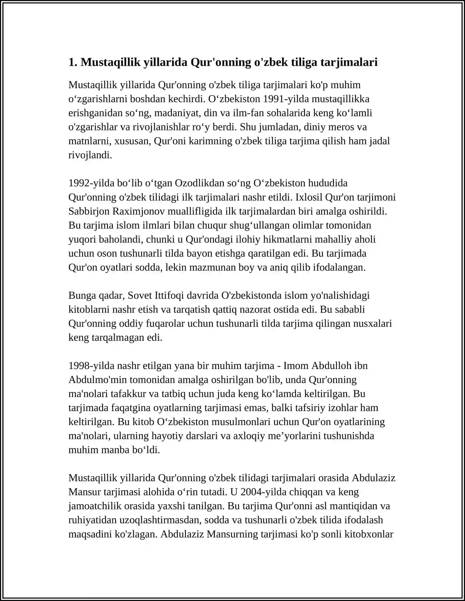 MUSTAQILLIK YILLARIDA QUR’ONNING O’ZBEK TILIGA TARJIMA QILINISHI VA TAFSIRLARI 4