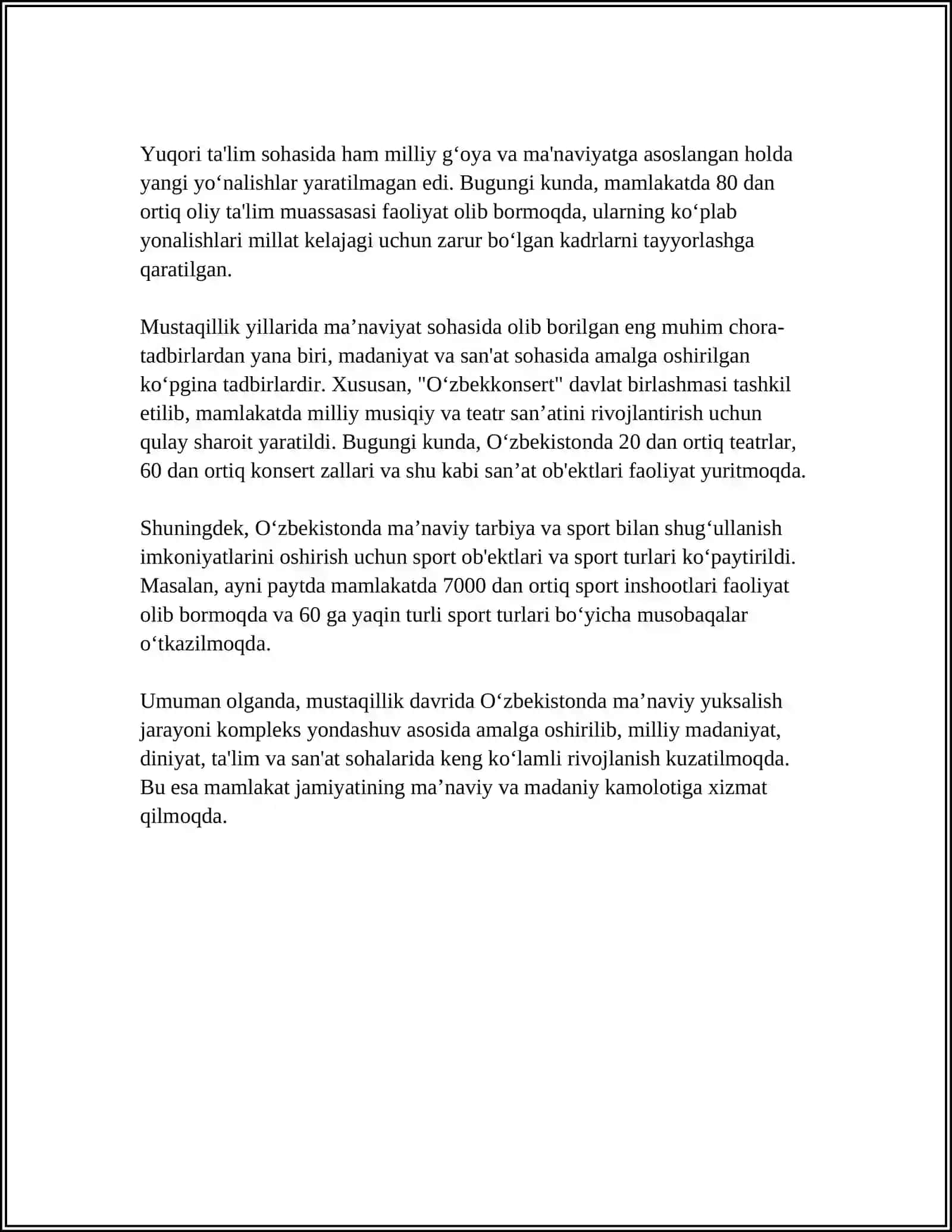 MUSTAQILLIK YILLARIDA OʻZBEKISTONDAGI MAʼNAVIY VA MADANIY TARAQQIYOT 4