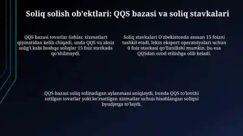 QQS to'lovchilar, soliq solish obyektlari, soliq imtiyozlarini qo'llash, hisobotni tuzish 4