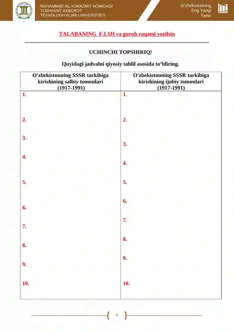 O'zbekistonning eng yangi tarixi fanidan tushadigan topshiriqlar 4