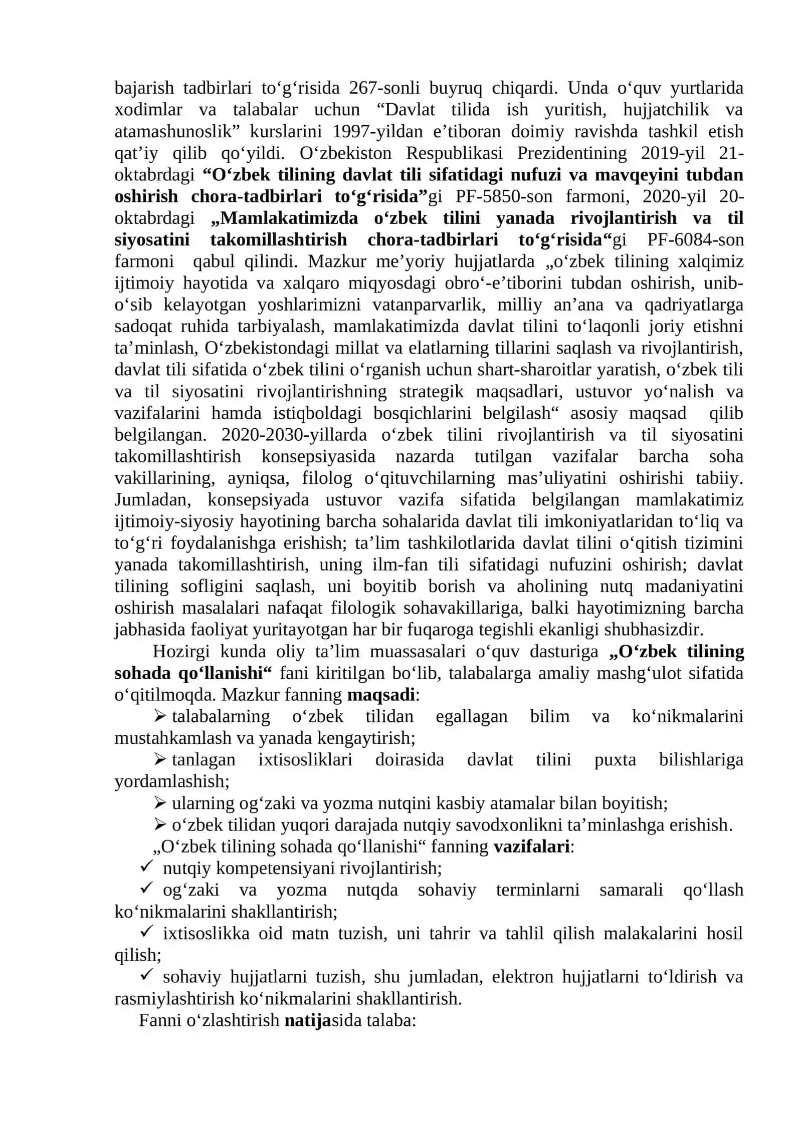 1-mavzu. Kirish. O‘zbek tilining sohada qo‘llanishi fanining o‘rganish obyekti, maqsadi va vazifalari 4