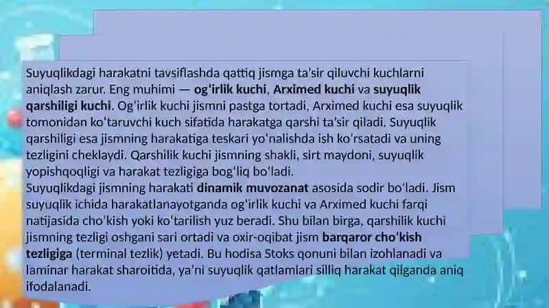 Qattiq jisimlarning suyuqlikdagi harakati. Harakat rejimlari va cho'kish tezligi 4