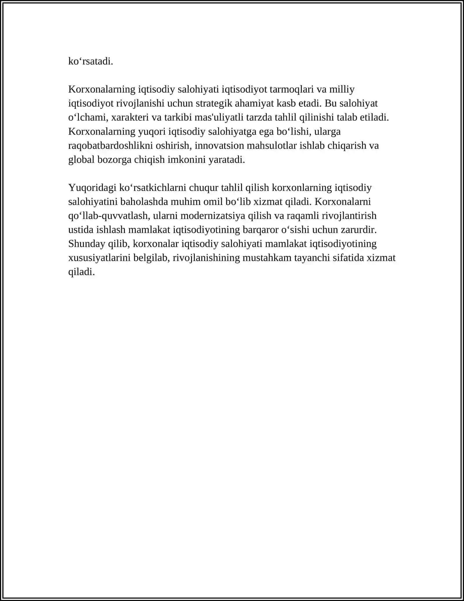 KORXONALAR IQTISODIY SALOHIYATI: TARKIBI, KO'RSATKICHLAR TIZIMI VA SAMARADORLIGI TAHLILI 4