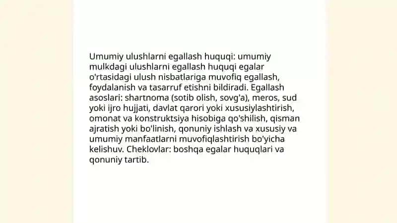 Umumiy ulushli mulkni egallash, undan foydalanish va uni tassaruf etish, ulush ajratish va uni taqsimlash 4