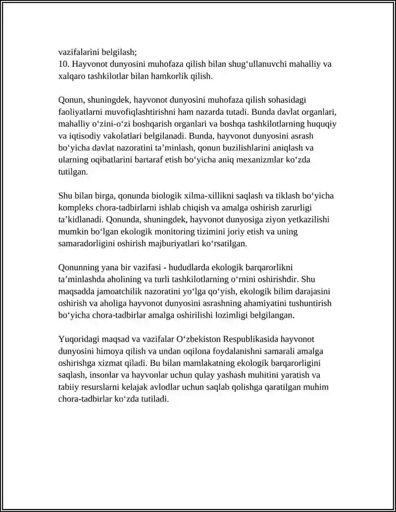 OʻZBEKISTON RESPUBLIKASI " HAYVONOT DUNYOSINI MUHOFAZA QILISH" TOʻGʻRISIDAGI QONUN 4