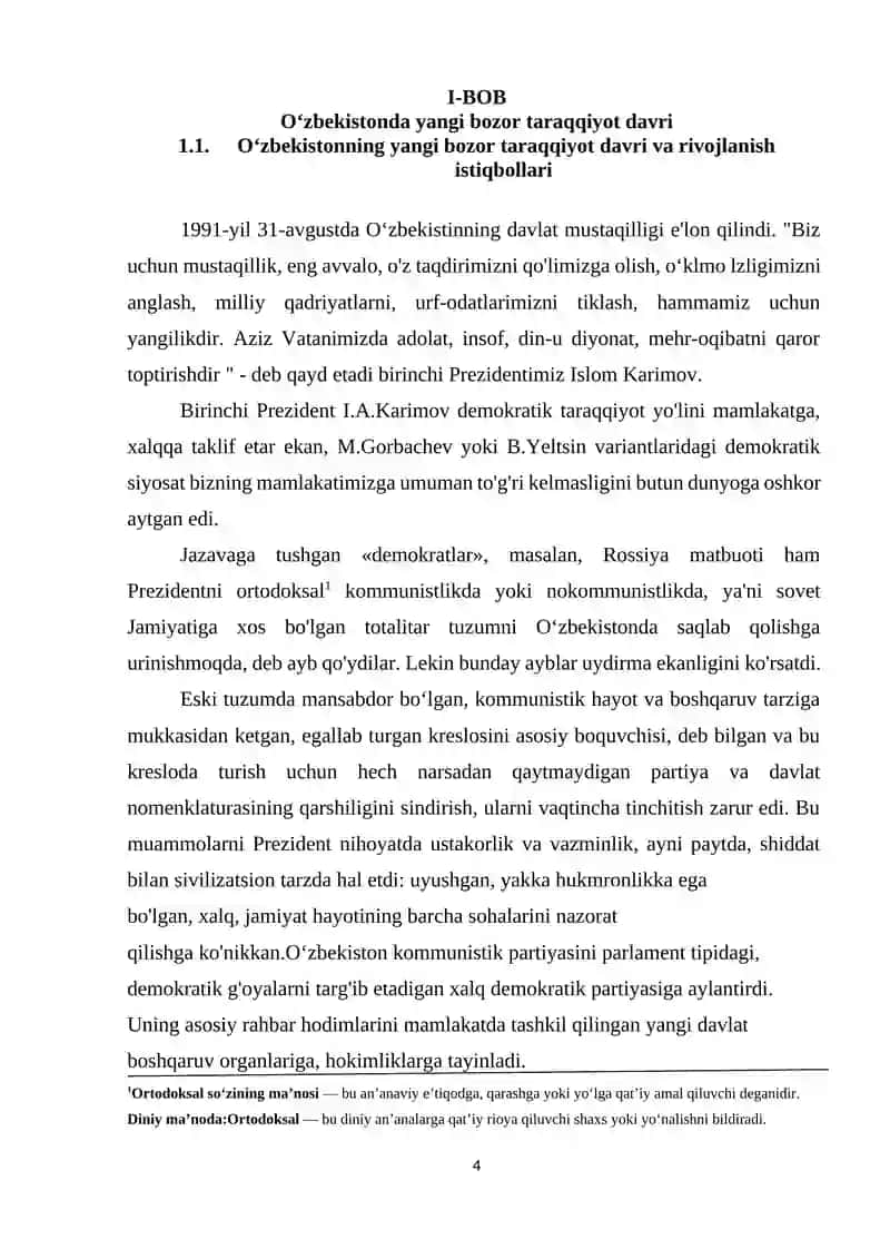 O‘zbekistonda iqtisodiy islohotlar, xususiy mulkchilikning shakllanishi, bozor munosabatlarining rivojlanishi. 4