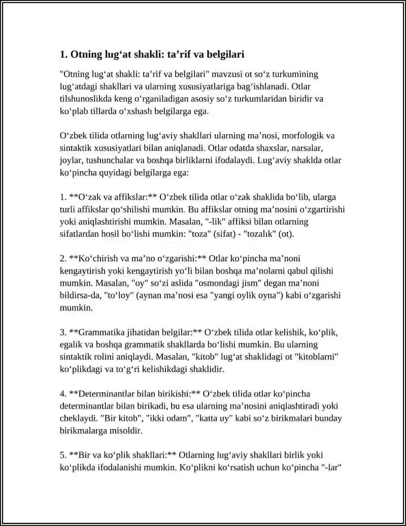 OTNING GRAMMATIK KATEGORIYALARI LUG'AT SHAKLI HAQIDA TUSHUNCHA OTLARNING TURLANISHI NEGIZINI ANIQLASH 4