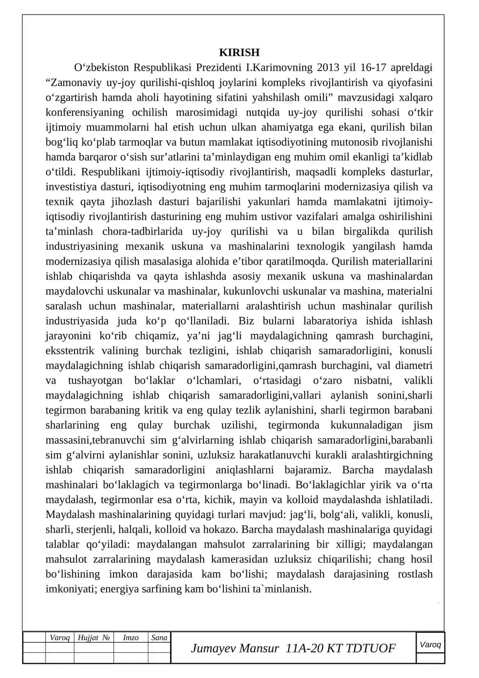 ASOSIY TEXNOLOGIK JARAYONLAR VA QURILMALAR FANIDAN KURS LOYIHASI 4