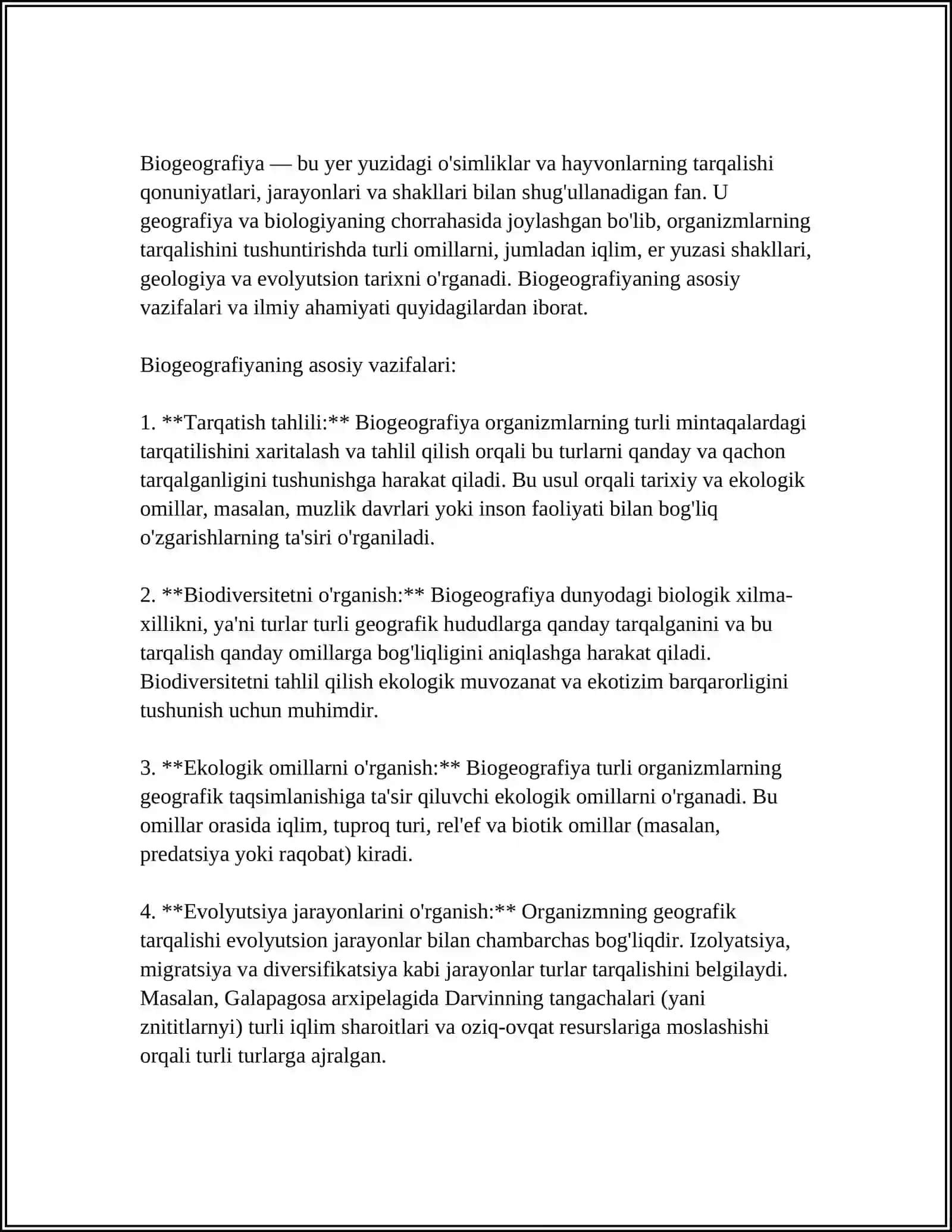 BIOGEOGRAFIYA FANIGA KIRISH. FANNING PREDMETI, VAZIFALARI VA USULLARI 4