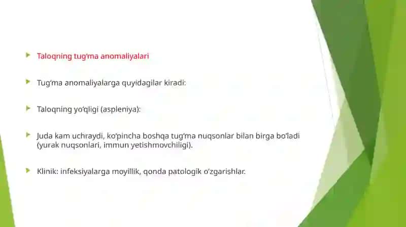 Taloqning tug‘ma anomaliyalari va o‘smalari. Timusning rivojlanish buzilishlari. 4