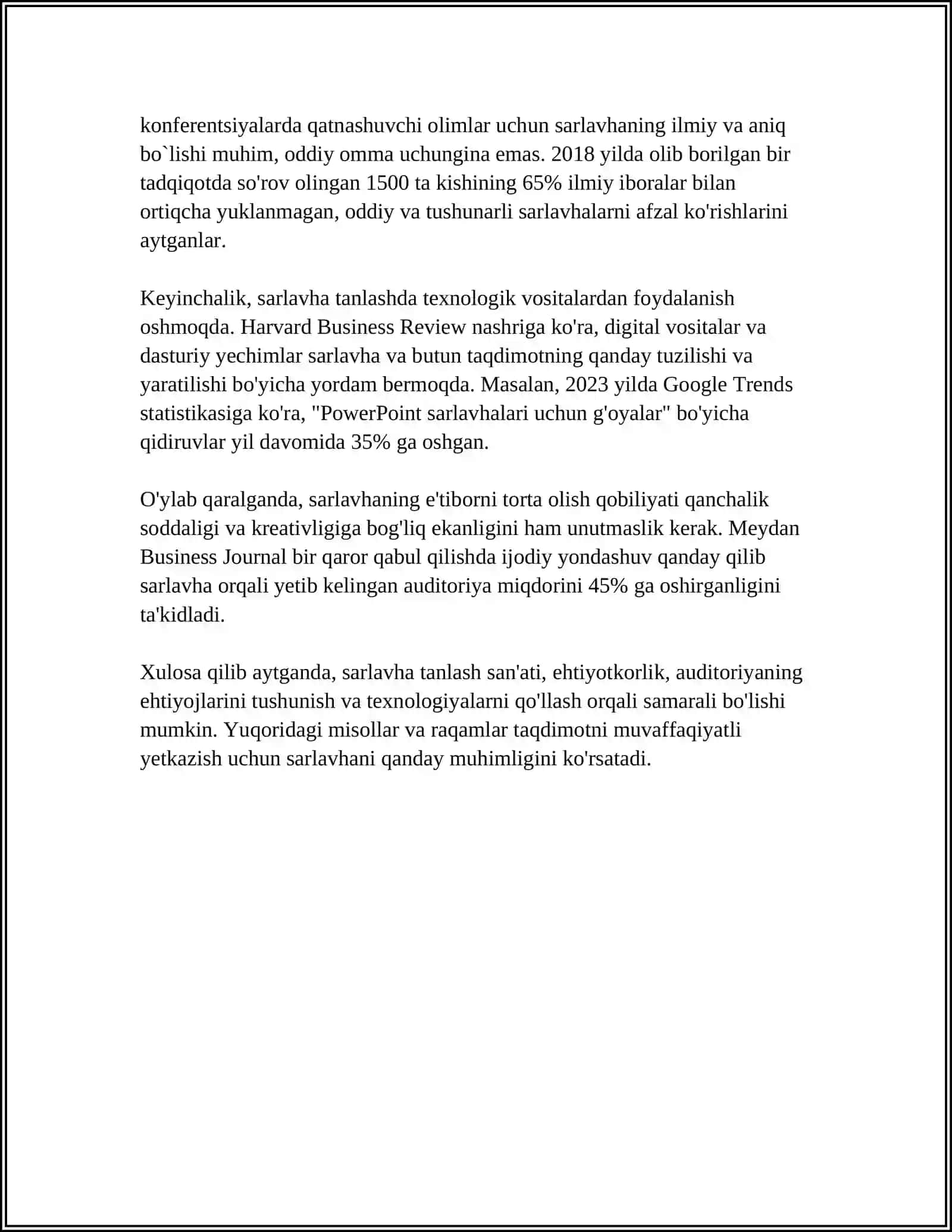 MUSTAQIL ISH Mavzu: TAQDIMOTDA KOPIYALASHTIRISH. SARLAVHALAR. SARLAVHALAR TUZISH AMALIYOTI 4