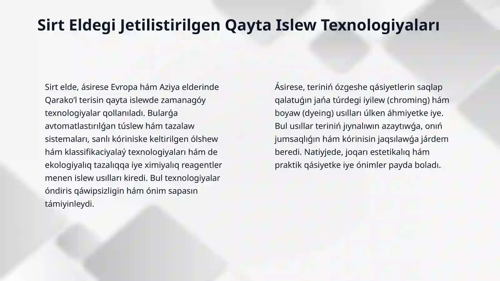 Qarakoʻl terisin qayta islewdin sirt el usullarin uyreniw 4