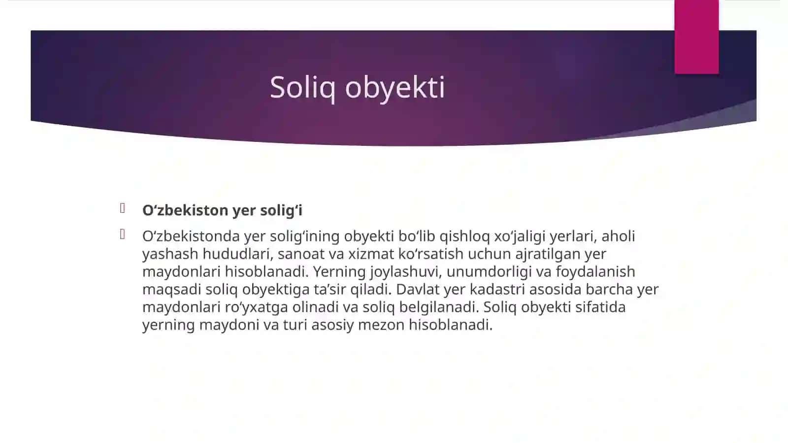 Ispaniya davlati yer soligʻini Oʻzbekiston davlati yer soligʻi bilan 7 element asosida taqqoslash 4