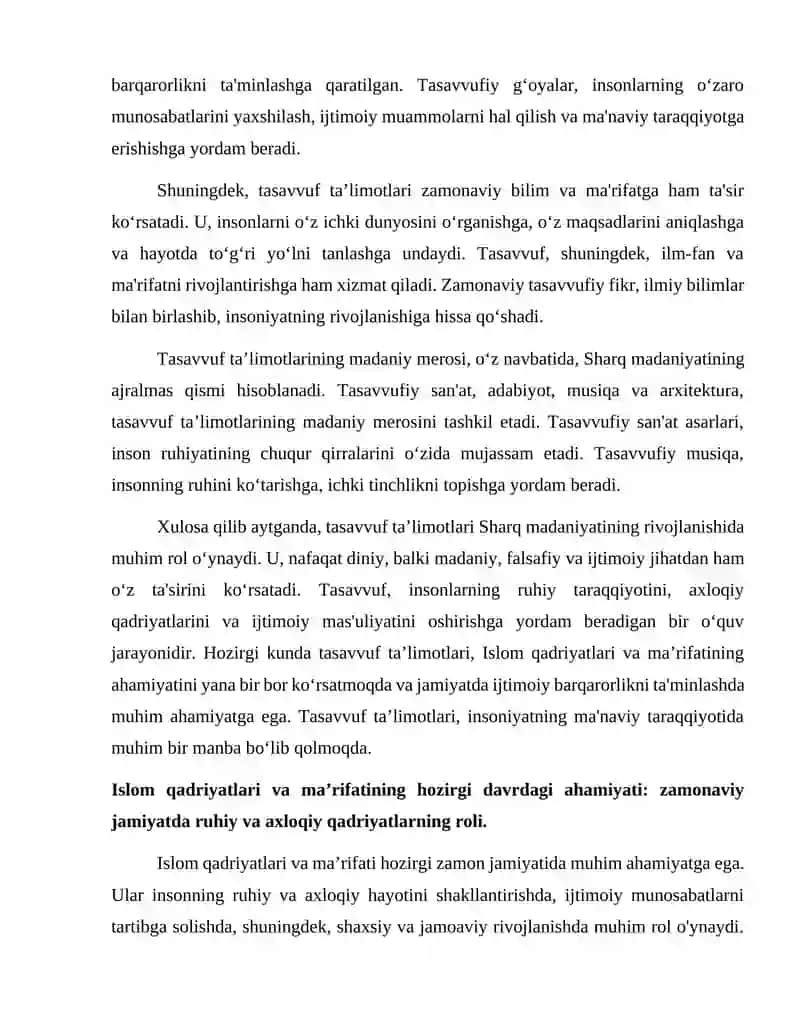 Tasavvuf taʼlimotlarining Sharq madaniyatiga ta`siri. Islomqadriyatlari va ma’rifatining hozirgi davrdagi ahamiyati 4