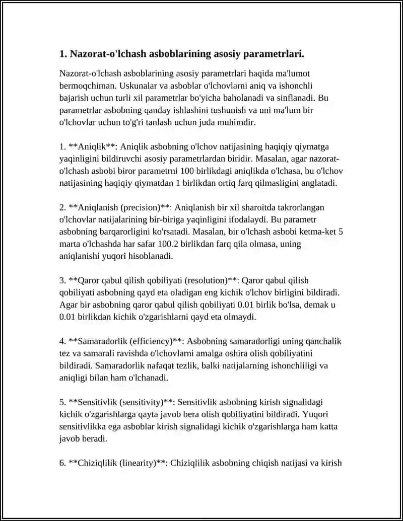 NAZORAT - O'CHASH ASBOBLARINI ISHLASHIGA ULARNI TASHKIL ETUVCHI SODDA ELEMENTLARNING PARAMETRLARI TA'SIRINI O'RGANISH 4