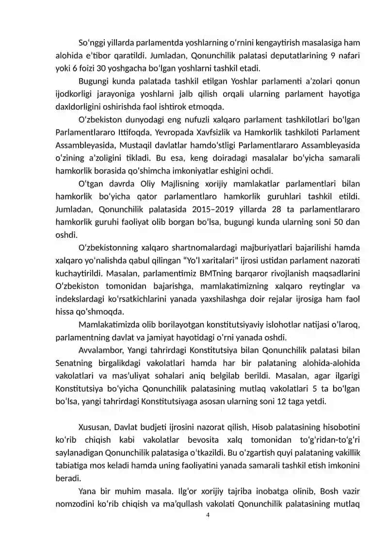 O‘zbekiston Respublikasi Prezidentining Oliy Majlisga Murojaatnomasi 4