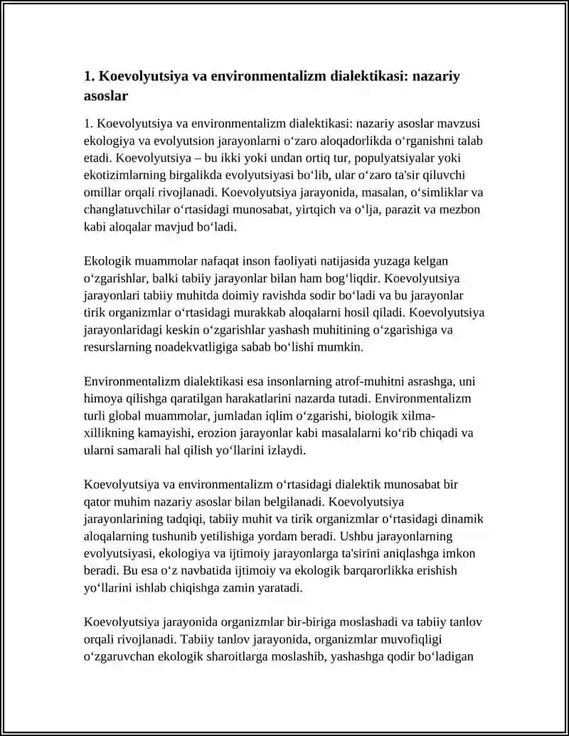 "KOEVOLYUTSIYA VA ENVIRONMENTALIZM DIALEKTIKASI" MAVZUSIDA ESSE TAYYORLASH 4