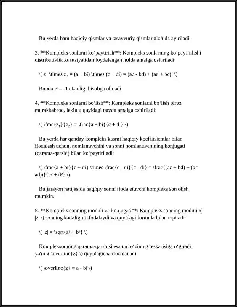 KOMPLEKS SONLARNING ALGEBRAIK,TRIGONOMETRIK VA KO'RSATKICHLI SHAKLLARI.KOMPLEKS SONLARNI QO'SHISH VA AYIRISH,KO'PAYTIRISH VA BO'LISH 4