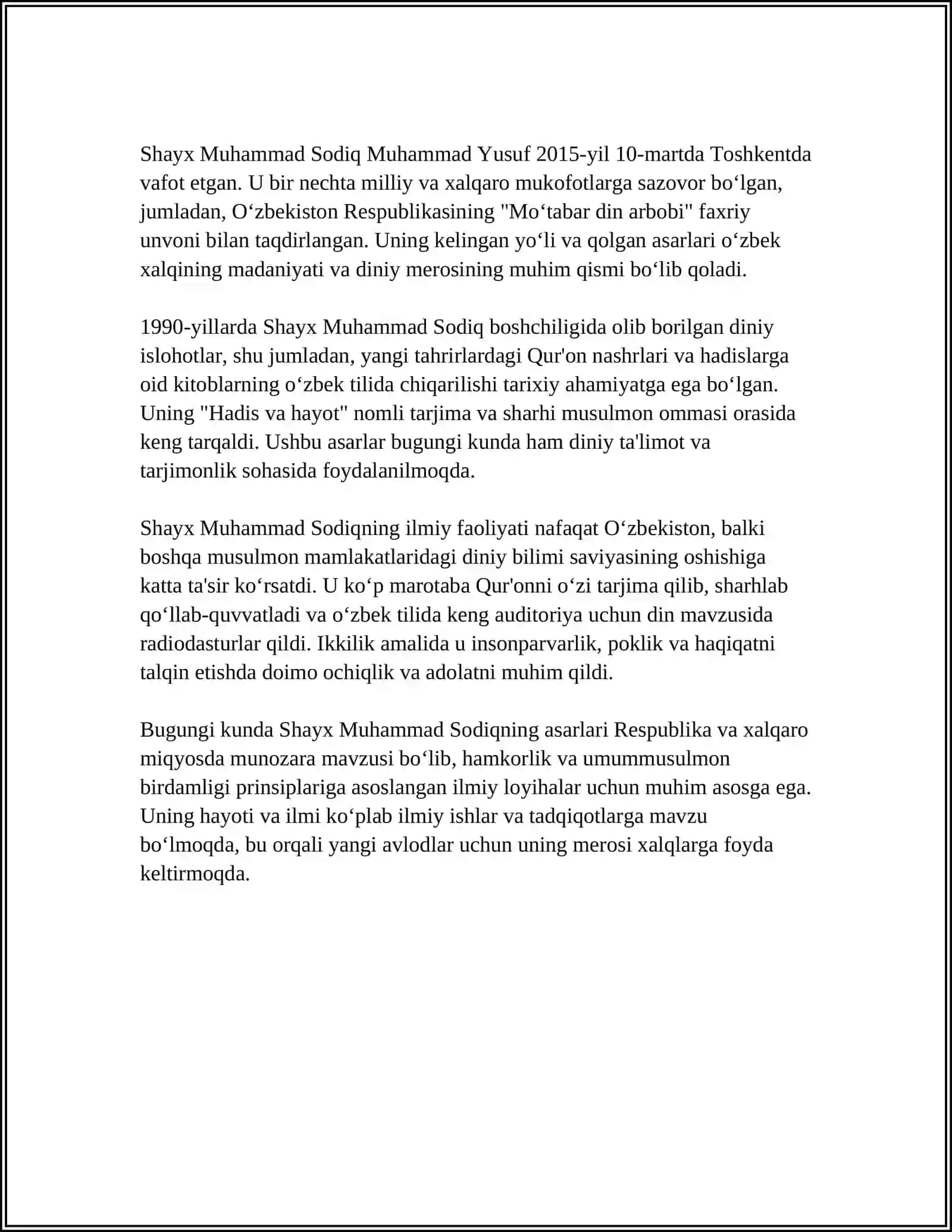 SHAYX MUHAMMAD SODIG MUHAMMAD YUSUFNING "BAXTIYOR OILA" ASARIDA ISLOM QADRIYATLARINING TALGIN ETILISHI REFERAT TAYYORLASH 4