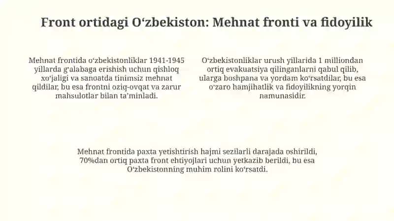 Ikkinchi jahon urushi davrida oʻzbek xalqining frontdagi va front ortidagi matonati 4