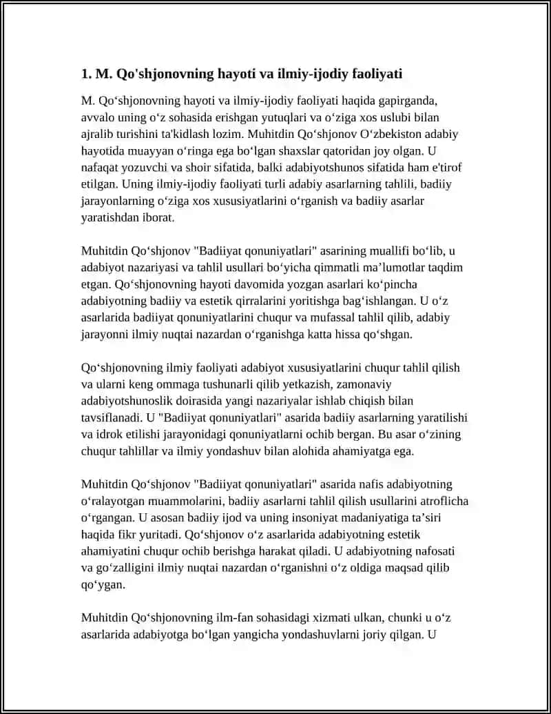 M. Qo'shjonovning "Badiiyat Qonuniyatlari" asarini O'qib O'rganish 4