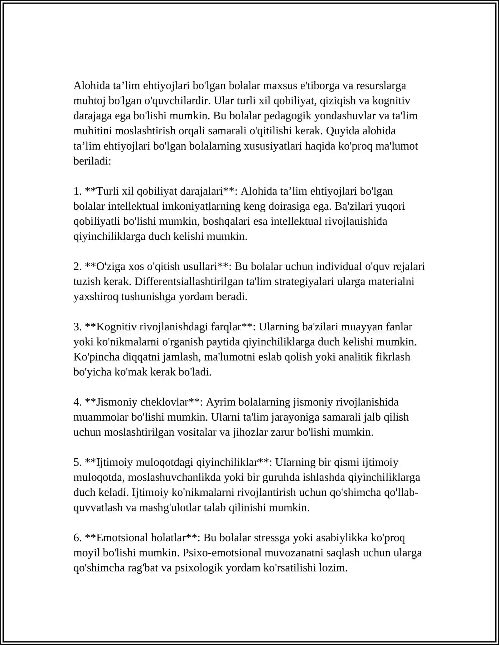 INKLYUZIV TA’LIMNI AMALGA OSHIRISH JARAYONI ALOHIDA TA’LIM EHTIYOJLARI BO'LGAN BOLANING SHAXSINI RIVOJLANISHINING XUSUSIYATLARI 4