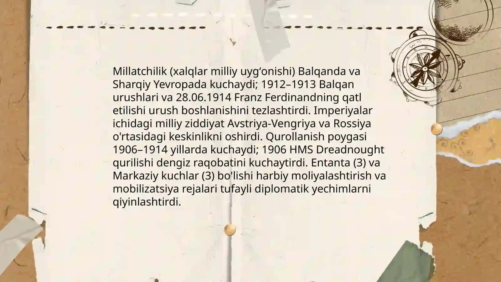 Birinchi jahon urushining kelib chiqish sabablari va oqibatlari. Oʻzbekiston SSR tashkil topishi 4