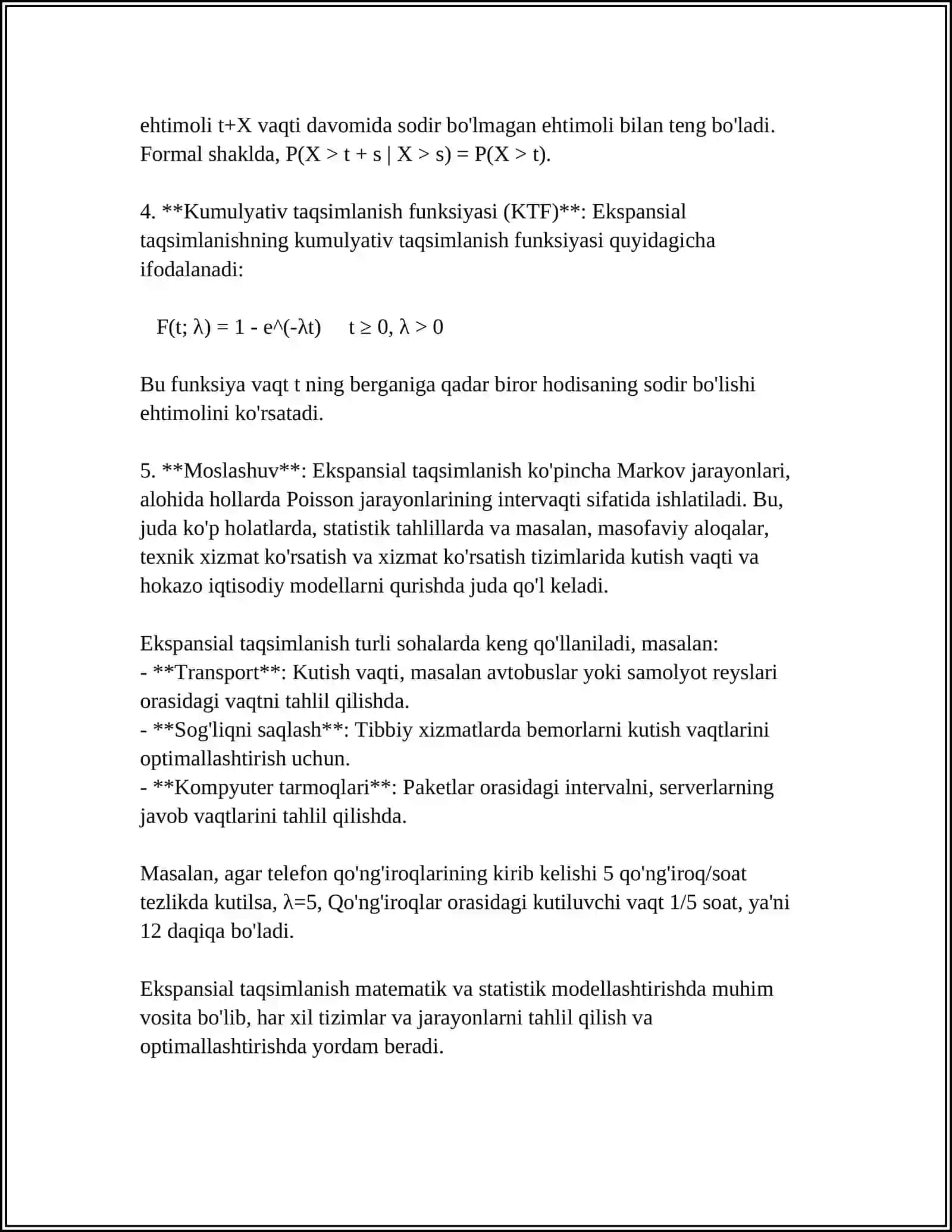 EKSPONENSIAL, NORMAL, VEYBULLA TAQSIMLANISH QONUNLARI 4