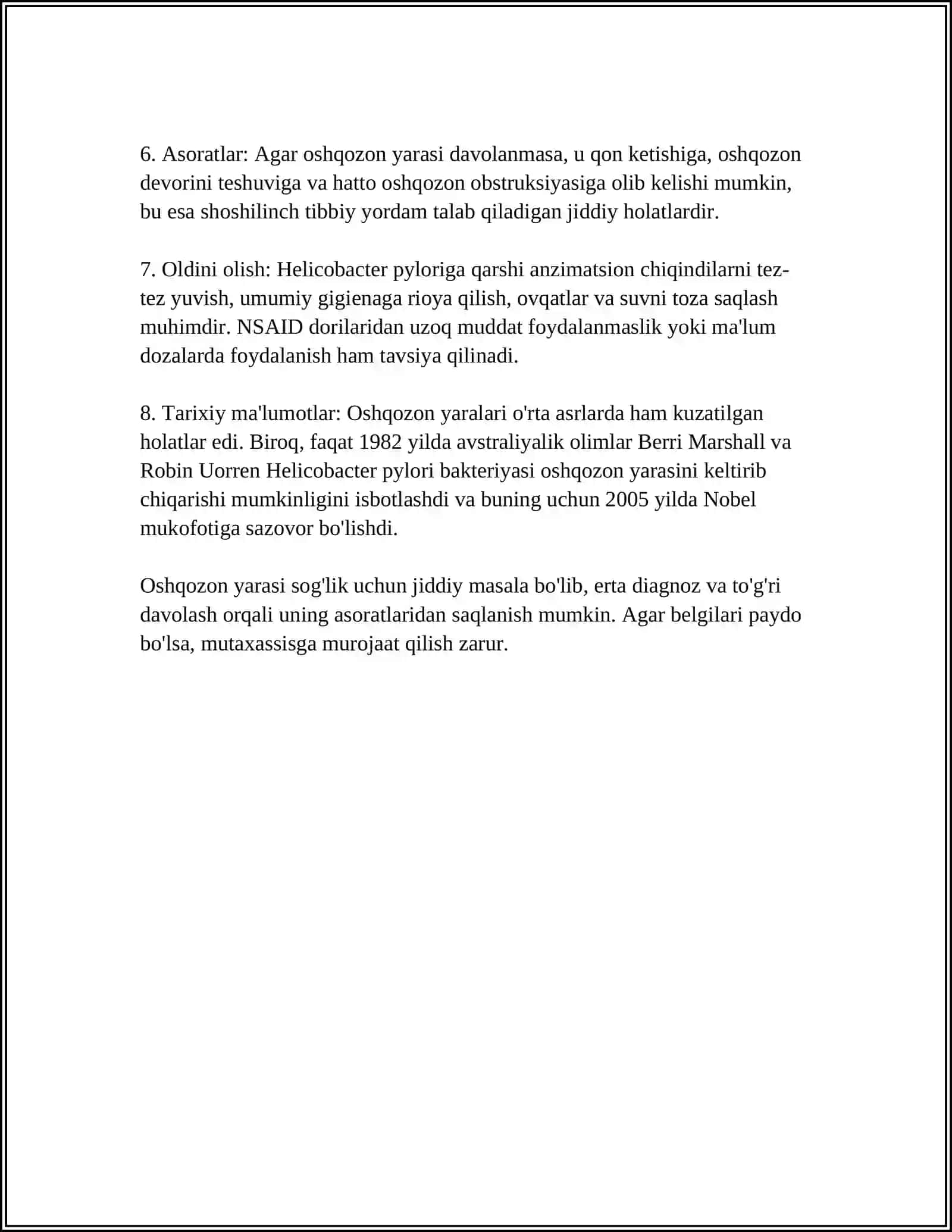MUSTAQIL ISH Mavzu: OSHQOZON ICHAK TIZIMI KASALLIKLARI TURLARI VA DAVOLASH CHORALARI 4