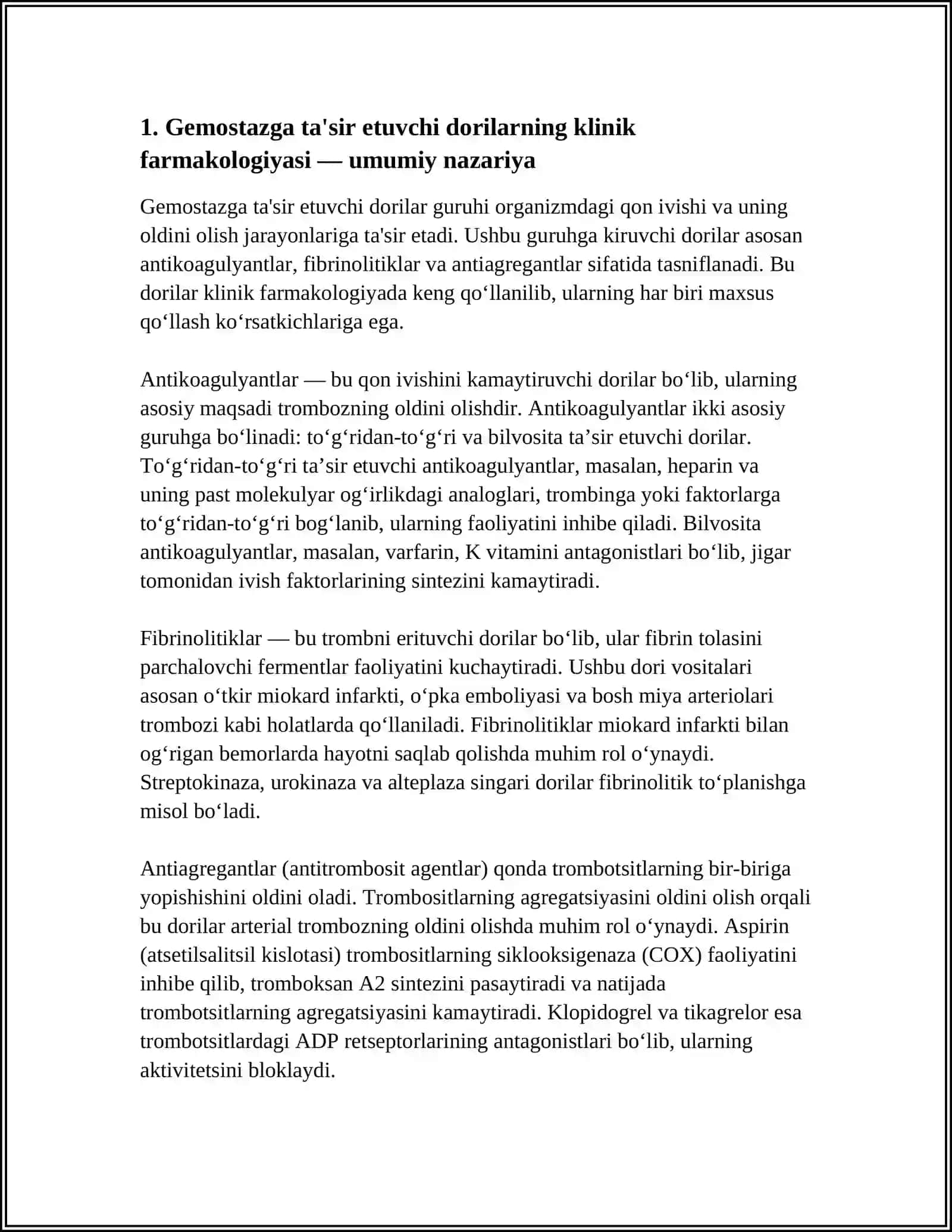 GEMOSTAZGA TASIR ETUVCHI DORI VOSITALAR KLINIK FARMAKOLOGIYASI ANTIKOAGULYANTLAR FIBRINOLITIKLAR ANTIAGREDANTLAR 4