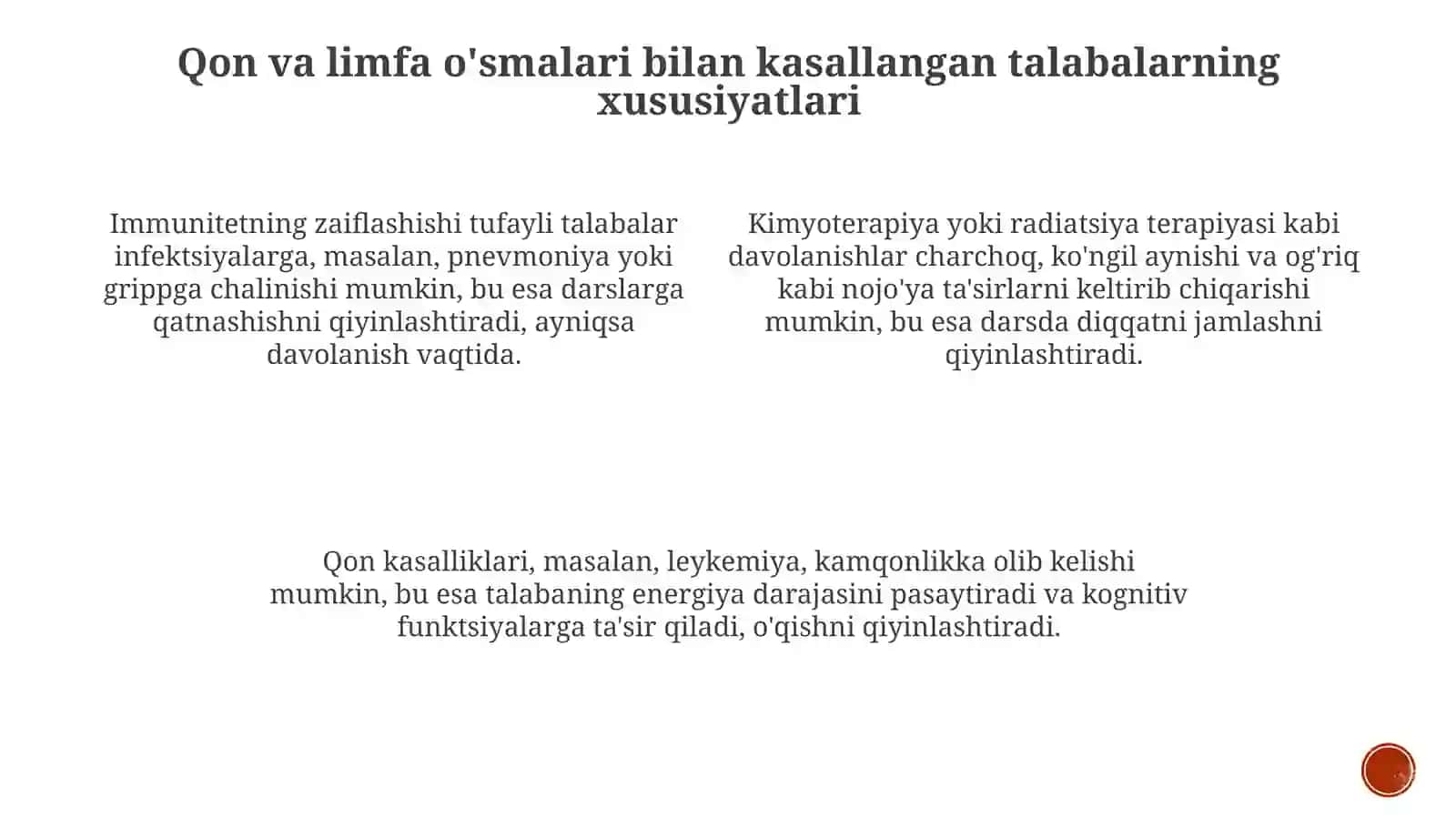 Qon va limfa o'smalari bilan og'rigan o'quvchilar bilan mashg'ulot o'tish tamoyillari 4