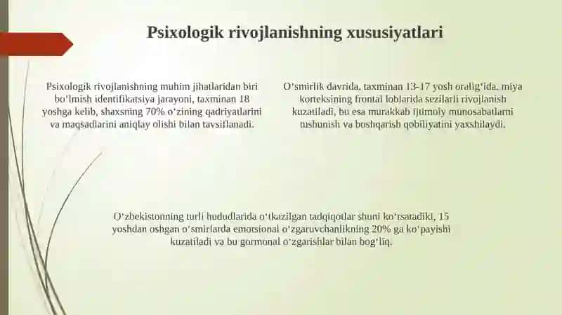 Akseliratsiya nazariyasi; O‘smirik davridagi psixik rivojlanish 4