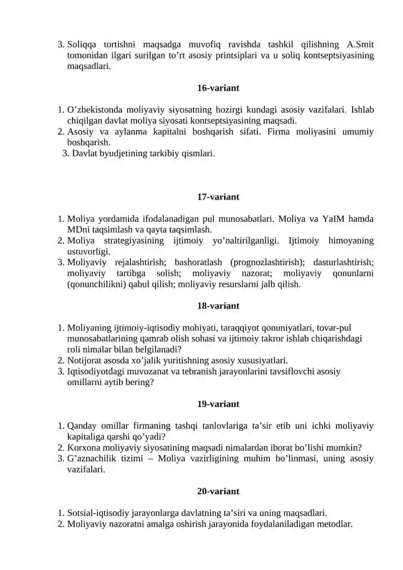 "MOLIYA" FANIDAN YAKUNIY NAZORAT VARIANTLARI 4