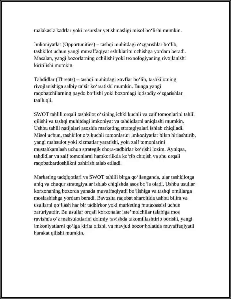 MARKETING TADQIQOTLARI, SWOT TAHLILI 4