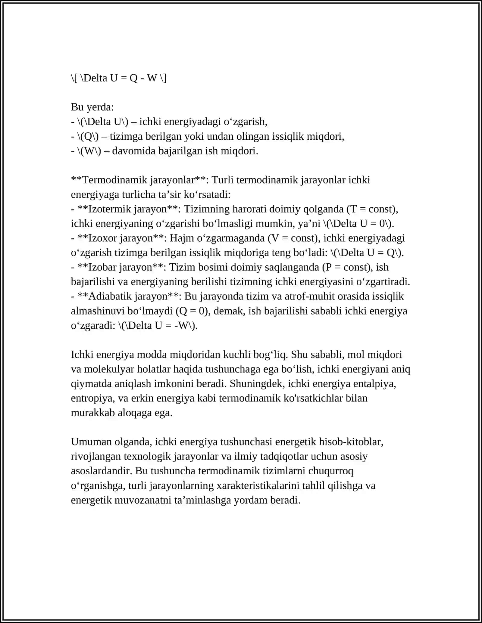 ICHKI ENERGIYA. ISSIQLIK VA ISH ENERGIYANI UZATISH SHAKLLARI EKANLIGI. ISHNING XILLARI. EKSTENSIVLIK VA INTENSIVLIK FAKTORLARI 4