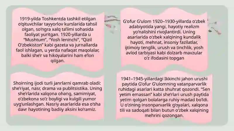 Gʻofur Gʻulom bolalar shoiri va nosiri mavzusida taqdimot ishi 4